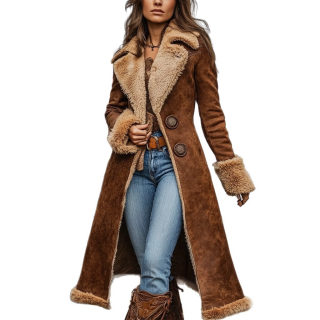 Western Vintage Cowgirl Denim Trench Coat | Fleece-Lined Warm Outerwear 2