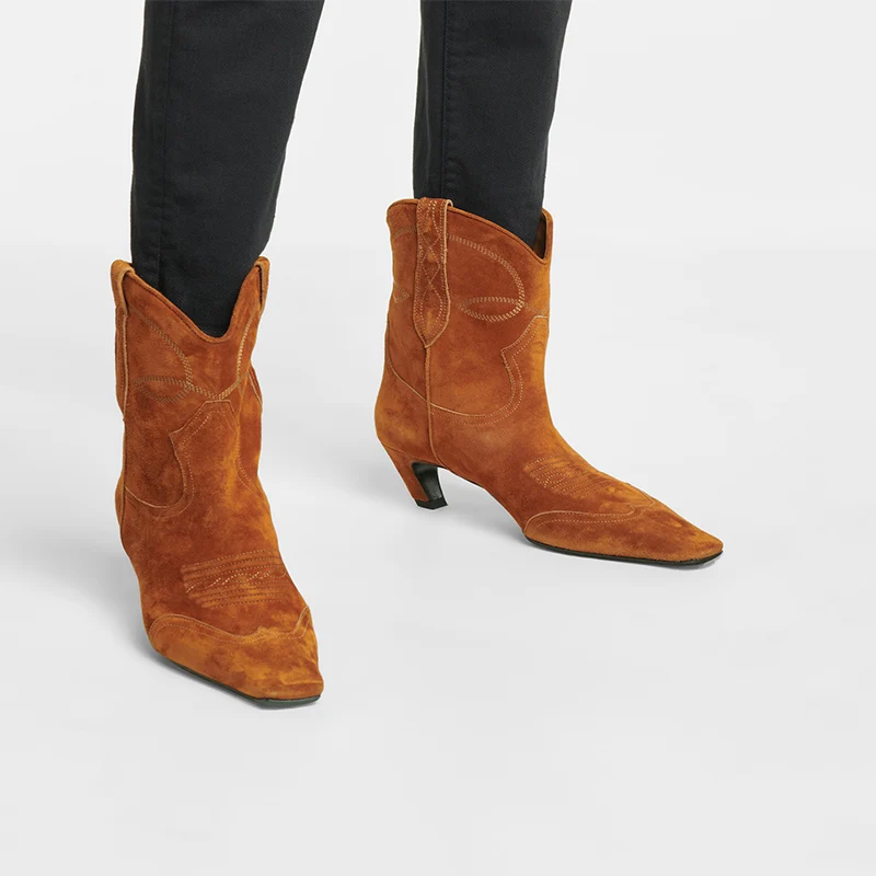 Women's Pointed Toe Cowboy Boots | Low Heel Leather Cowgirl Ankle Boots 5