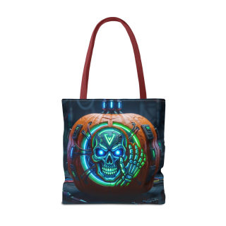 Cyber Pumpkin Skull Tote Bag | Neon Sci-Fi Halloween Tote 21