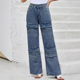 Vintage Washed Straight-Leg Cargo Jeans with Pockets and Patchwork 4