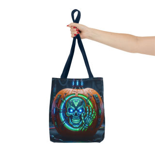 Cyber Pumpkin Skull Tote Bag | Neon Sci-Fi Halloween Tote 58
