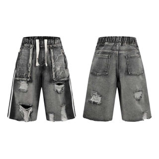 Unisex Retro Washed Striped Distressed Denim Shorts