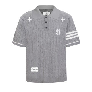 Four-Stripe Herringbone Knit Polo Shirt | Unisex Cross Embroidery 2